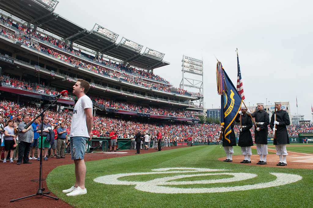 Photo of Ben Platt singing the National Anthem at a baseball game from picryl